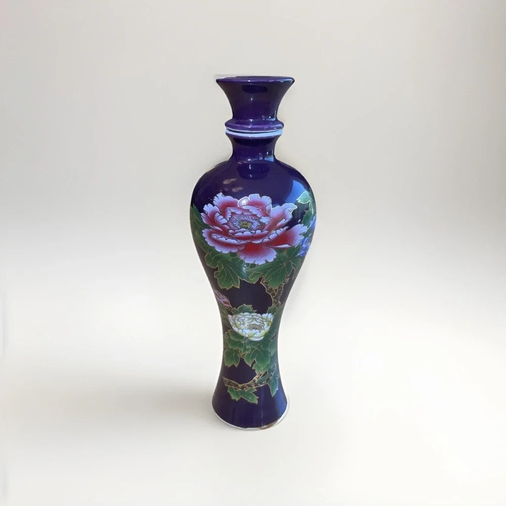 Unique Chinese Empty Alcohol Bottle With Stopper Vase Gold Outlined 125ml Floral